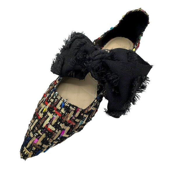 Zara Multicolor Tweed Pointed Flats Black Frayed Bow Women's Size EU 37/US 6.5 - Picture 16 of 16